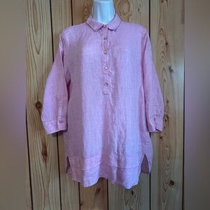 J.JILL Tunic Blouse M Lilac/Pink 100% LINEN Love Linen 3/4 Sleeves Button Up